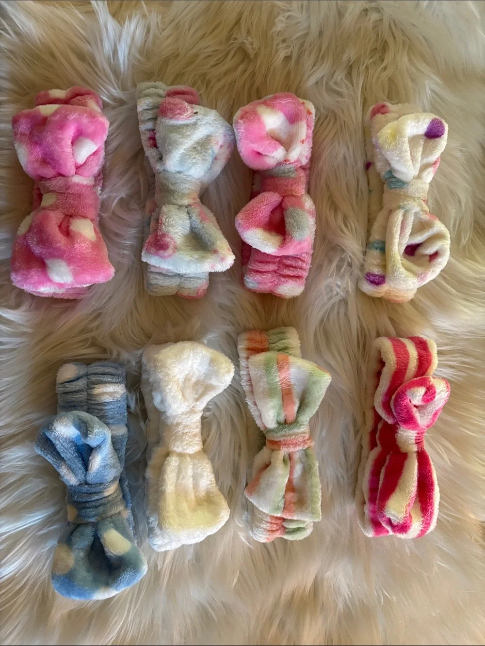 New set of 8 Multi-Colored Plush Bow Headbands.
